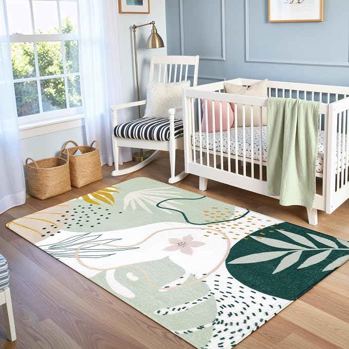 Lahome Green Botanical Print Small Throw Rugs Modern Abstract Non-Slip 3x5 - Image 2