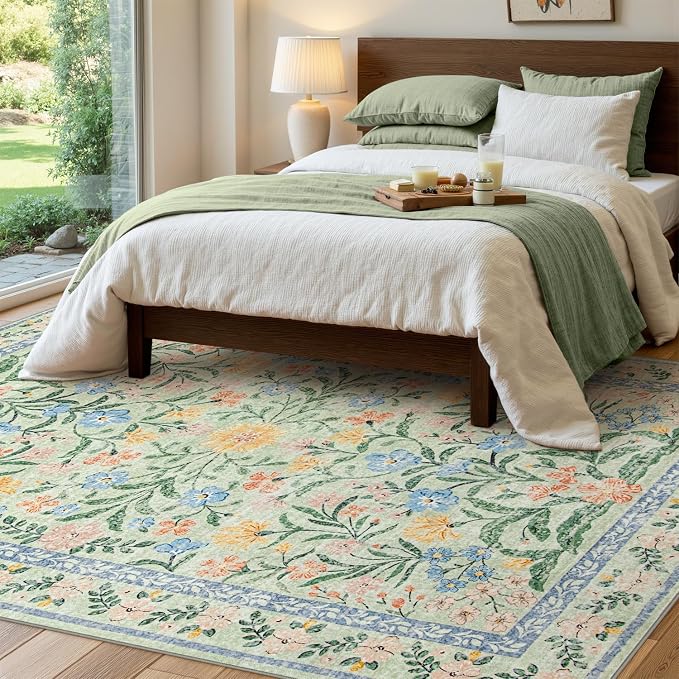 Wonnitar Washable Floral 6x9 Rug, Soft Green Area Rug Boho Non Slip Dining Room - Image 2