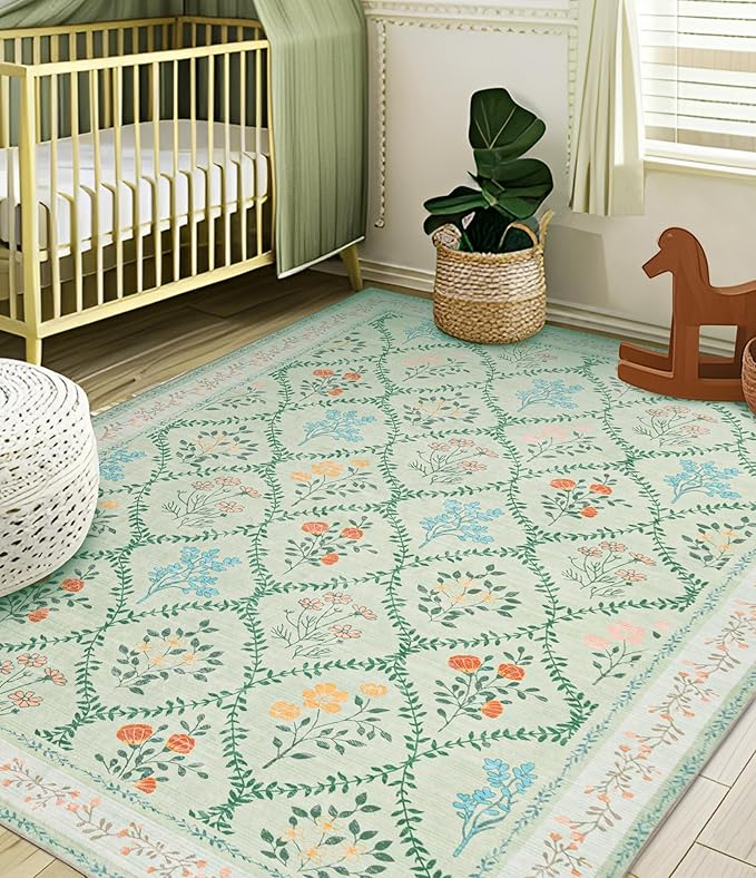 YIHOUSE Green Floral Print Rugs, Moroccan Trellis 10x14 Washable Large Rug - Image 3