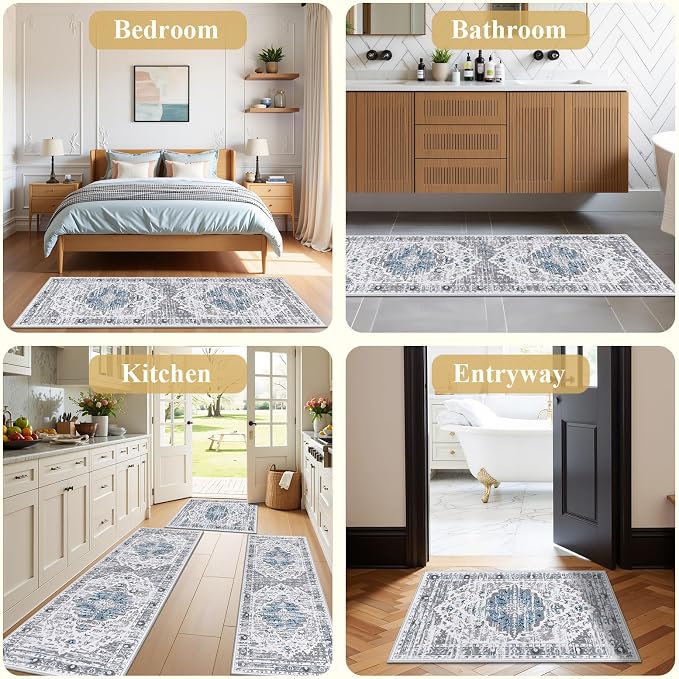 Ileading Kitchen Rugs Sets of 3 Non Slip Washable, Farmhouse Gray Kitchen Runner - Image 6