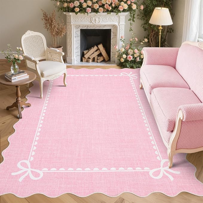 GarveeHome Scalloped Bow Rug for Living Room, Solid Pink Rug for Dorm, Washable by GarveeHome