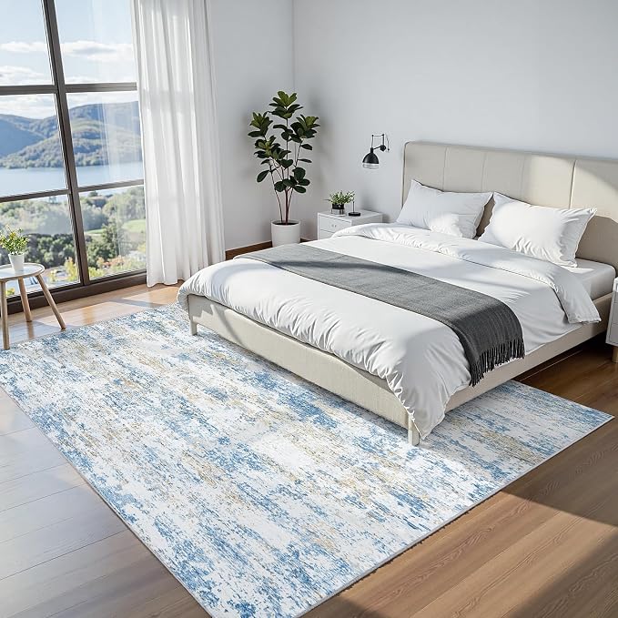 Area Rug 6x9 Living Room Rug Washable: No-Slip Abstract Soft Thin Large Blue - Image 4