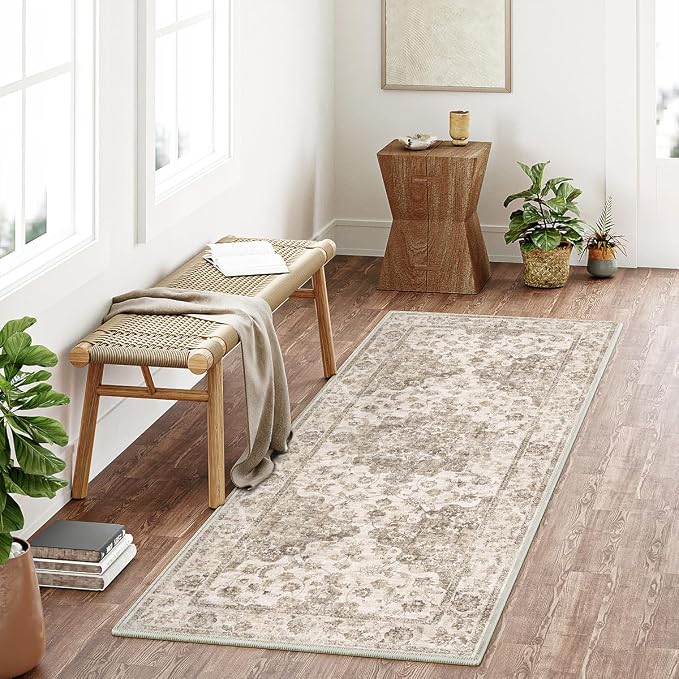 2x5 Washable Neutral Runner Rug Brown Vintage Hallway Kitchen Carpet Non-Slip - Image 3