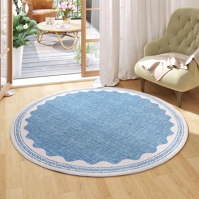 GarveeHome Scalloped Blue 4ft Round Rug Washable Non-Slip Soft Ultra-Thin Small - Image 3