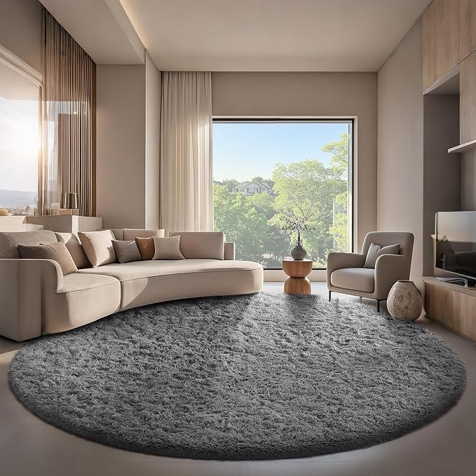 Ophanie Round Rug 8Ft Grey Circle Area Rugs, Large Fluffy Fuzzy Living Room - Image 5