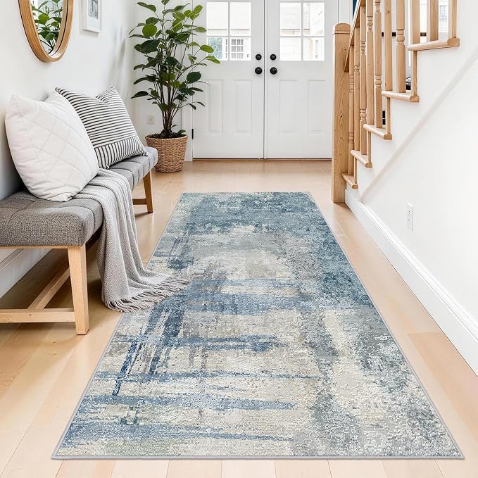 Blue Abstract 3x6 Washable Non-Slip Hallway Runner Rug | Modern Soft Low Pile - Image 3