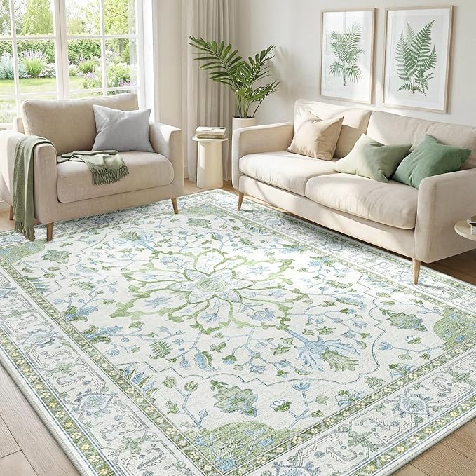 RELEANY Area Rugs 5'x7' Washable Non-Slip, Floral Vintage Distress Medallion by RELEANY