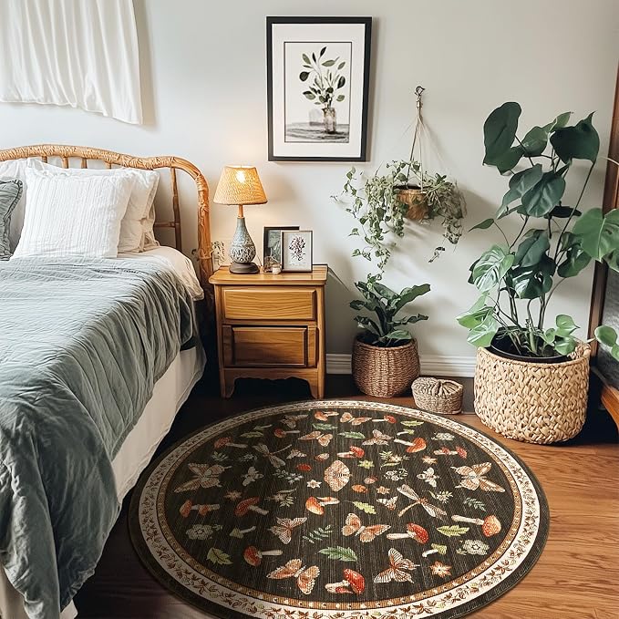 Mushroom Insect 5ft Round Rug Washable Non-Slip Soft Ultra-Thin Small Boho - Image 4