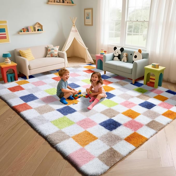 KICMOR Large 6x9 Area Rugs for Living Room, Fluffy Soft Colorful Checkered Shag by KICMOR