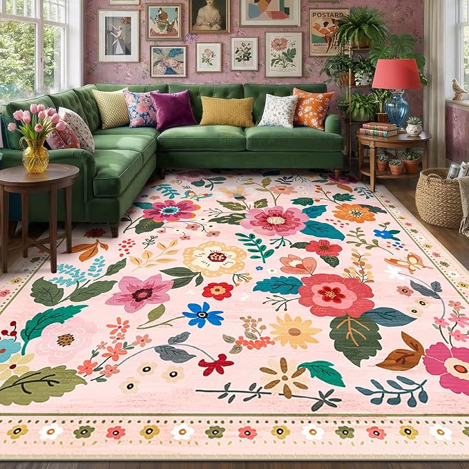 RELEANY Floral 7x9 Area Rugs Washable Print Boho Cute Carpet Non Slip Flower - Image 3