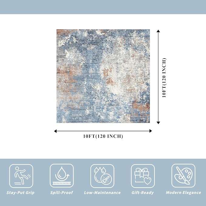 10x10 ft Square Living Room Rug – Washable Modern Abstract Area Rug - Image 2