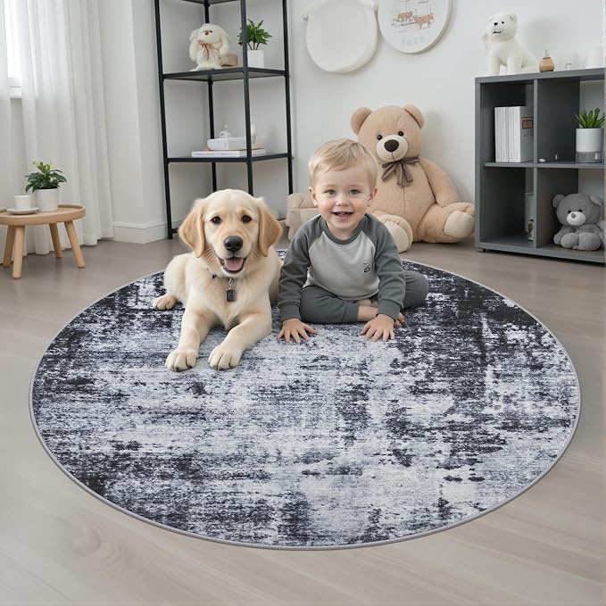 Round Area Rug for Living Room: 4 ft Washable Modern Abstract Soft Thin Rug - Image 2
