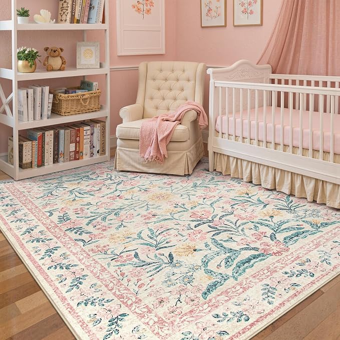 Wonnitar Pink Rugs for Nursery, 5x7 Washable Rug for Bedroom Girls, Boho Soft by Wonnitar