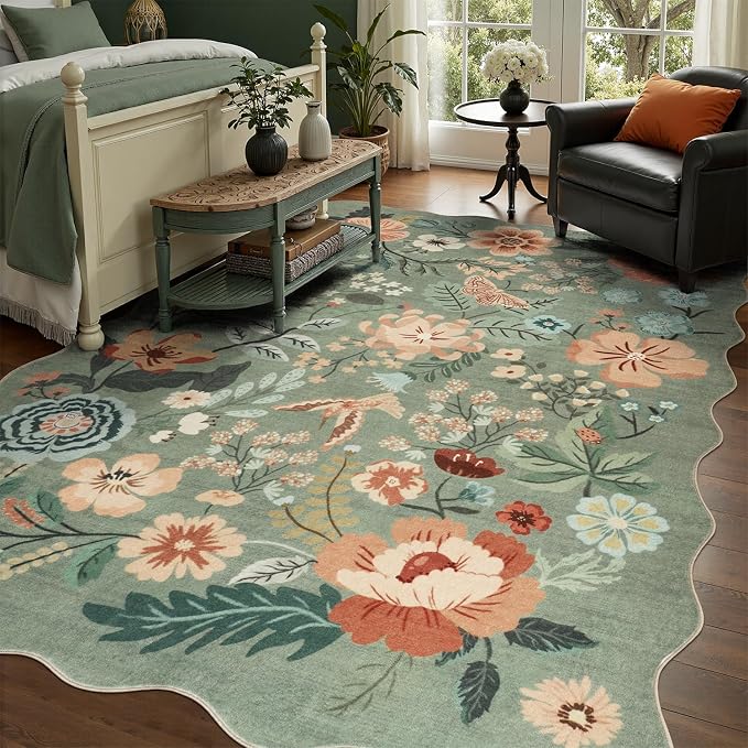DCX Vintage Floral Rug 5x7, Washable Sage Green Rug - Image 5