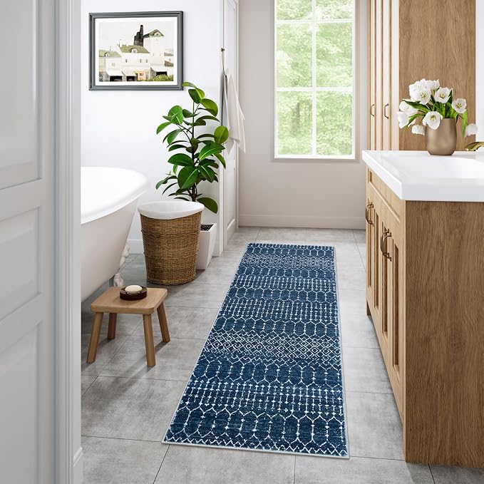 Lahome Moroccan 2x5 Washable Blue Runner Rug, Non-Slip Low-Pile Stain Resistant - Image 9