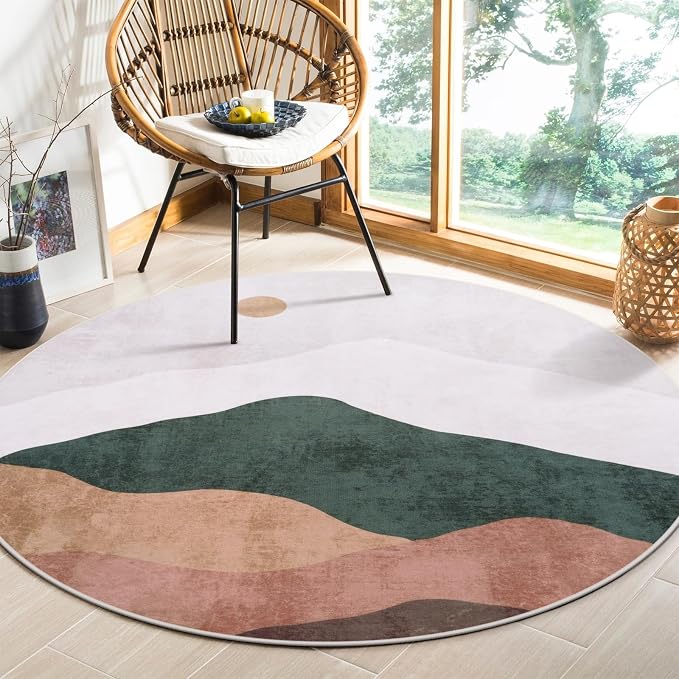 4ft Abstract Round Rug, Soft Washable Non-Slip Sun and Mountain Circle Kids - Image 7