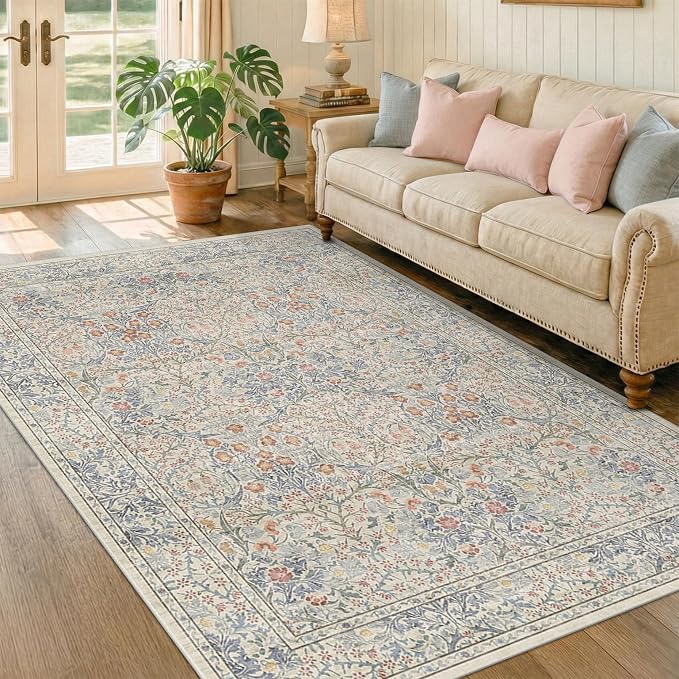 Beige Blue Living Room Rug 5x7, Cottage Area Rug - Image 7