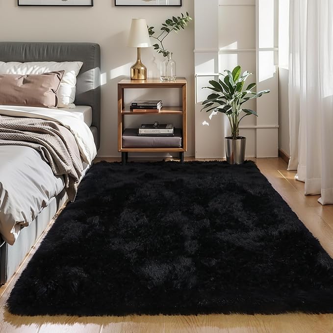 KICHOWUA 6x9 Black Fluffy Shag Rug - Image 5