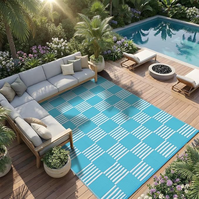 Garvee Waterproof Outdoor Rug 9x12, Checkered Foldable Plastic Straw Patio - Image 6