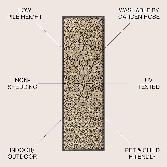JONATHAN Y Vintage Filigree Indoor Outdoor Runner Rug 2X20 Black/Khaki - Image 2