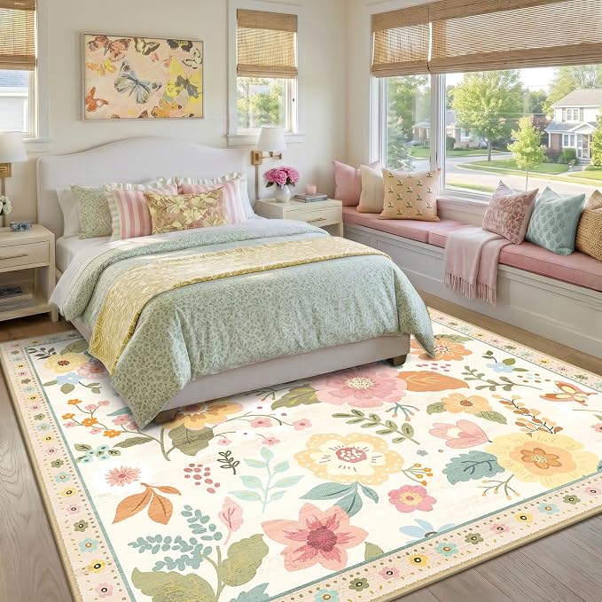 RELEANY Floral Square 8ft Area Rugs Washable Print Boho Cute Carpet Non Slip - Image 6