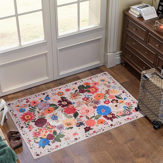 Blush Floral Rug for Entryway, 2X3 Washable Kitchen Mat Ultra-Thin Soft - Image 5