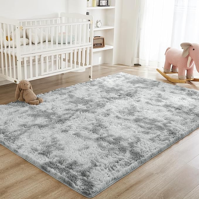 Litanika 9x12 Shag Area Rug for Living Room Bedroom, Tie-Dyed Light Grey High - Image 3