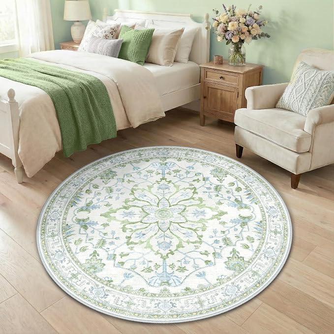 RELEANY Area Rugs Round 4ft Washable Non-Slip, Floral Vintage Distress by RELEANY