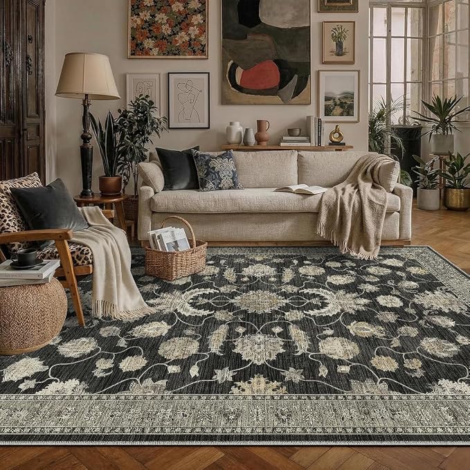 9x12 Area Rug for Living Room-Vintage Farmhouse Boho Floral Washable Stain - Image 6