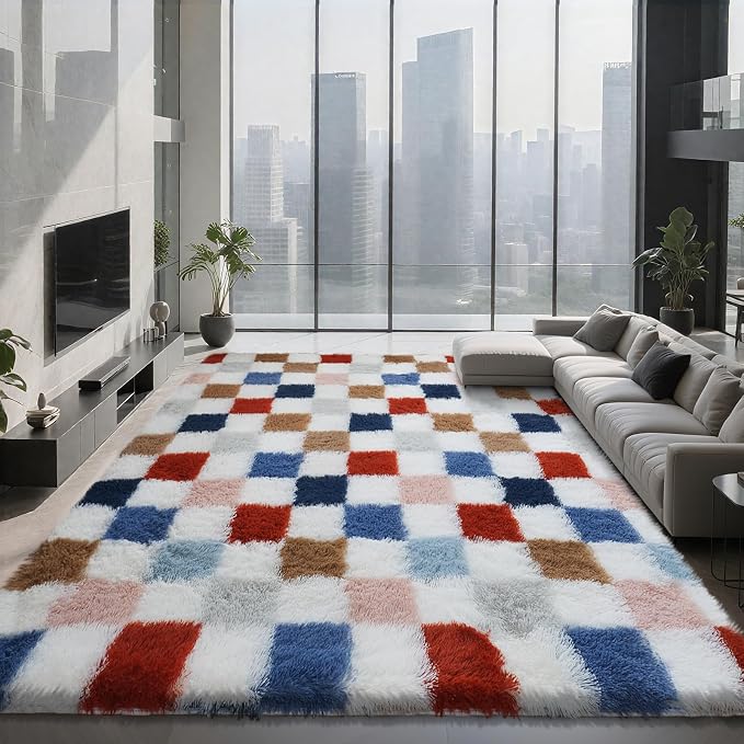 Shag Area Rug for Bedroom Living Room, 4x6 Fluffy Soft Colorful Checkered Rug - Image 8