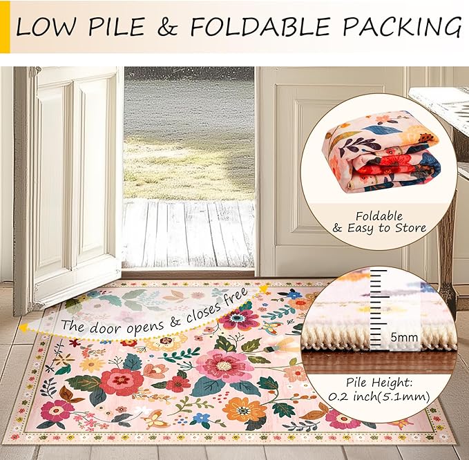 RELEANY Floral 8ft Area Rugs Washable Print Boho Cute Carpet Non Slip Flower - Image 4