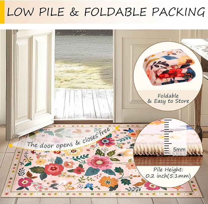 RELEANY Floral 2x6 Area Rugs Washable Print Boho Cute Carpet Non Slip Flower - Image 4