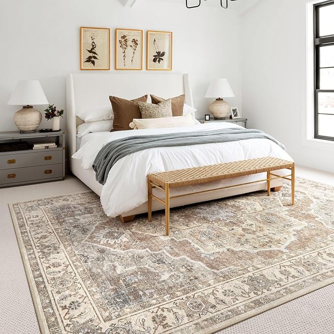 10x14 Washable Area Rug: Vintage Neutral Soft Non Slip Thin Large Floor Carpet - Image 3