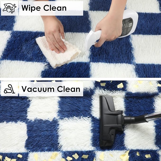 KICMOR Soft Fluffy Navy Blue and Cream White Area Rug - Image 4