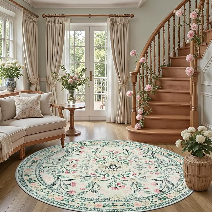 Round Area Rug for Living Room: 6 ft Floral Washable Circle Rug Soft Non-Slip - Image 2