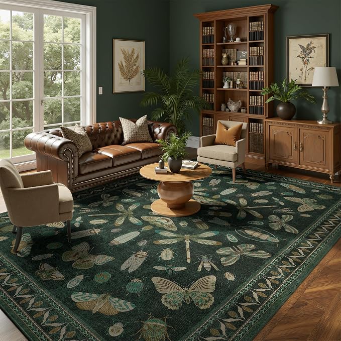 DCX 8x10 Washable Insect Rug, Vintage Gothic Dark Green Rug by DCXWashableRug