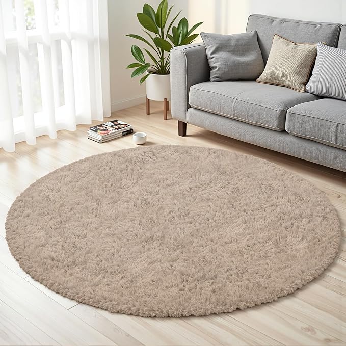 Beige Round Fluffy Rug 5ft, Soft Bedroom Circle Rugs Mats - Image 2