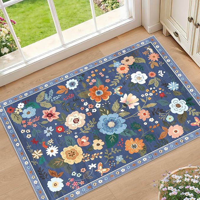 RELEANY Floral 2x3 Area Rugs Washable Print Boho Cute Carpet Non Slip Flower by RELEANY