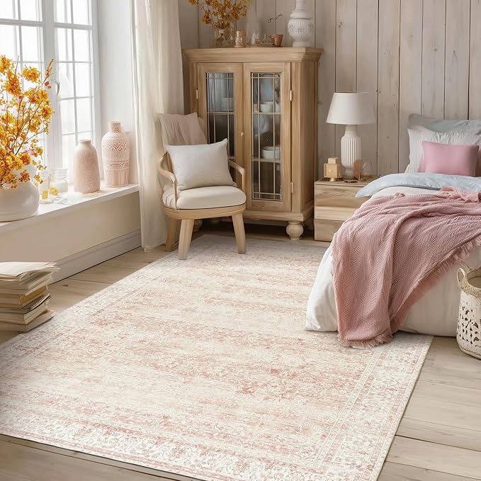 BILEEHOME Vintage Pink Rug 4x6 Washable Non Slip Floral Aesthetic Indoor Rugs - Image 2