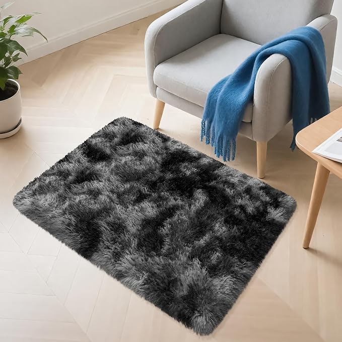 2x3 ft Shaggy Small Black Rug, Tie Dye Soft Fluffy Carpet Bedside Fuzzy Area - Image 7