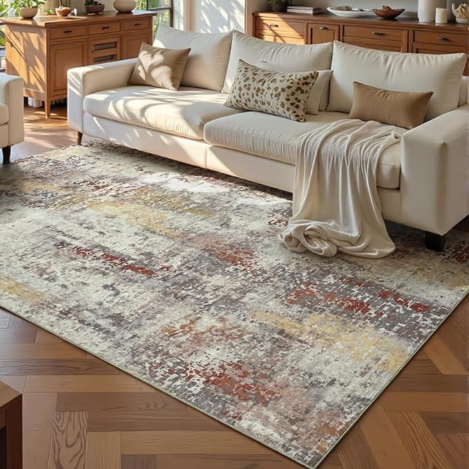 Ompaa Living Room Rug 5x8 Beige Area Rug Machine Washable Boho Rug Non Slip - Image 2