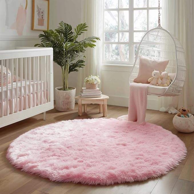 Pink Fluffy Round Rug 5Ft for Girls Bedroom Decor Aesthetic, Shaggy Circle Area - Image 8