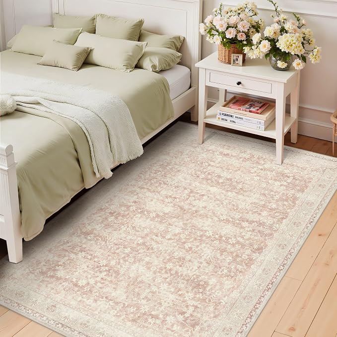 Latte&Fog Pink Rugs for Girls Bedroom, Vintage Washable 4x6 Area Rug for Living - Image 4