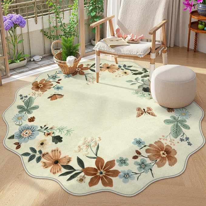 Lahome Floral Washable Round Rugs, Non-Slip Soft Round Rug 4ft Ultra-Thin by Lahome