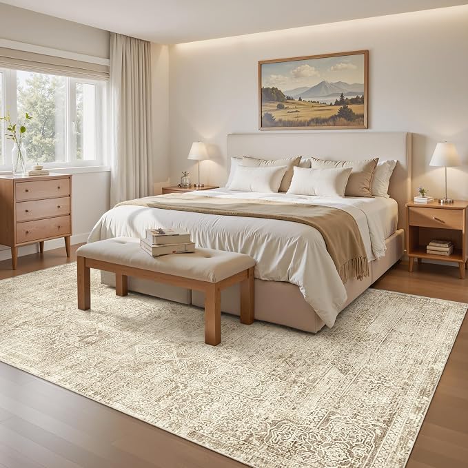 Soalmost 5x7 Area Rugs Brown Low Pile Indoor Washable Trendy Faded Style Floral - Image 3