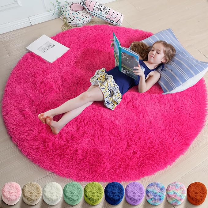 Hot Pink Small Round Rug 3Ft for Girls Bedroom, Fluffy Circle Area Rugs for by Amdrebio
