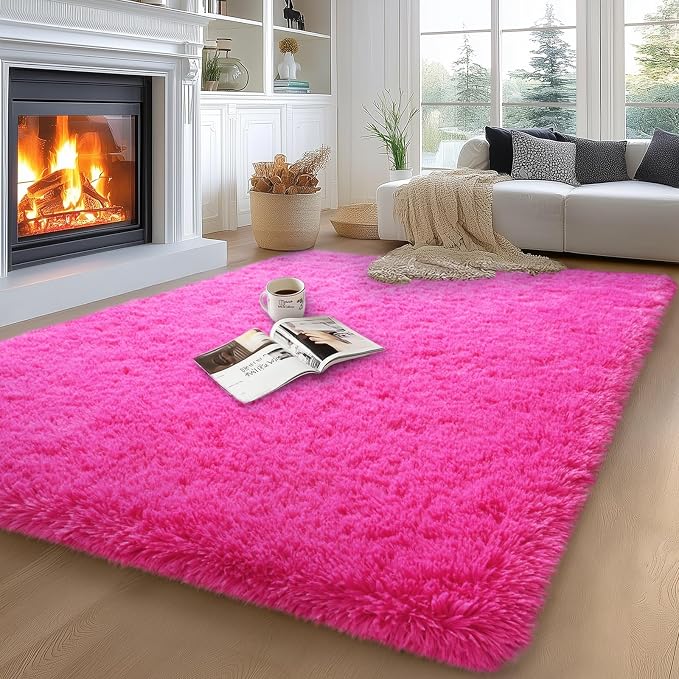 qulint 5x7 Area Rug for Living Room, Fluffy Hot Pink Rugs for Bedroom Soft Shag by QULINT