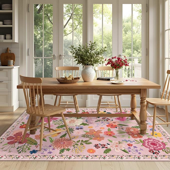 Latte&Fog Floral Area Rugs, Living Room, Cute Nursery Dorm, Non Slip Low Pile - Image 5