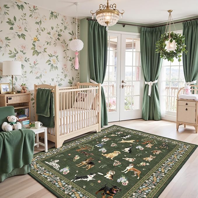 Floral Dog Machine Washable Rug Dark Green, 3x5 Rug Non Slip Soft Bedroom Rugs - Image 3