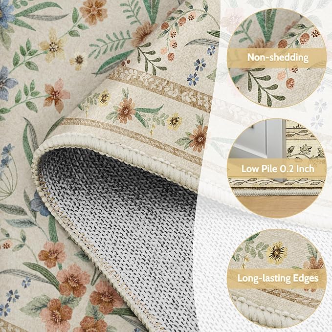 Beige Floral Washable Rug 7x9 – Large Vintage Boho Non-Slip Carpet, Soft Low - Image 5